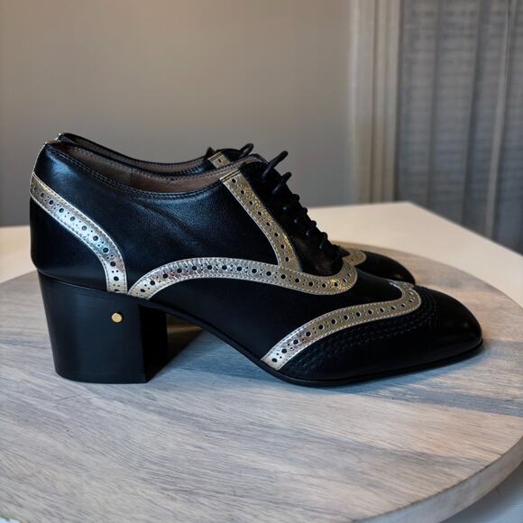 Laurence Dacade Black Leather Heeled Oxfords Gold Trim Women EU 38 US Sz 8 Italy - Picture 2 of 12